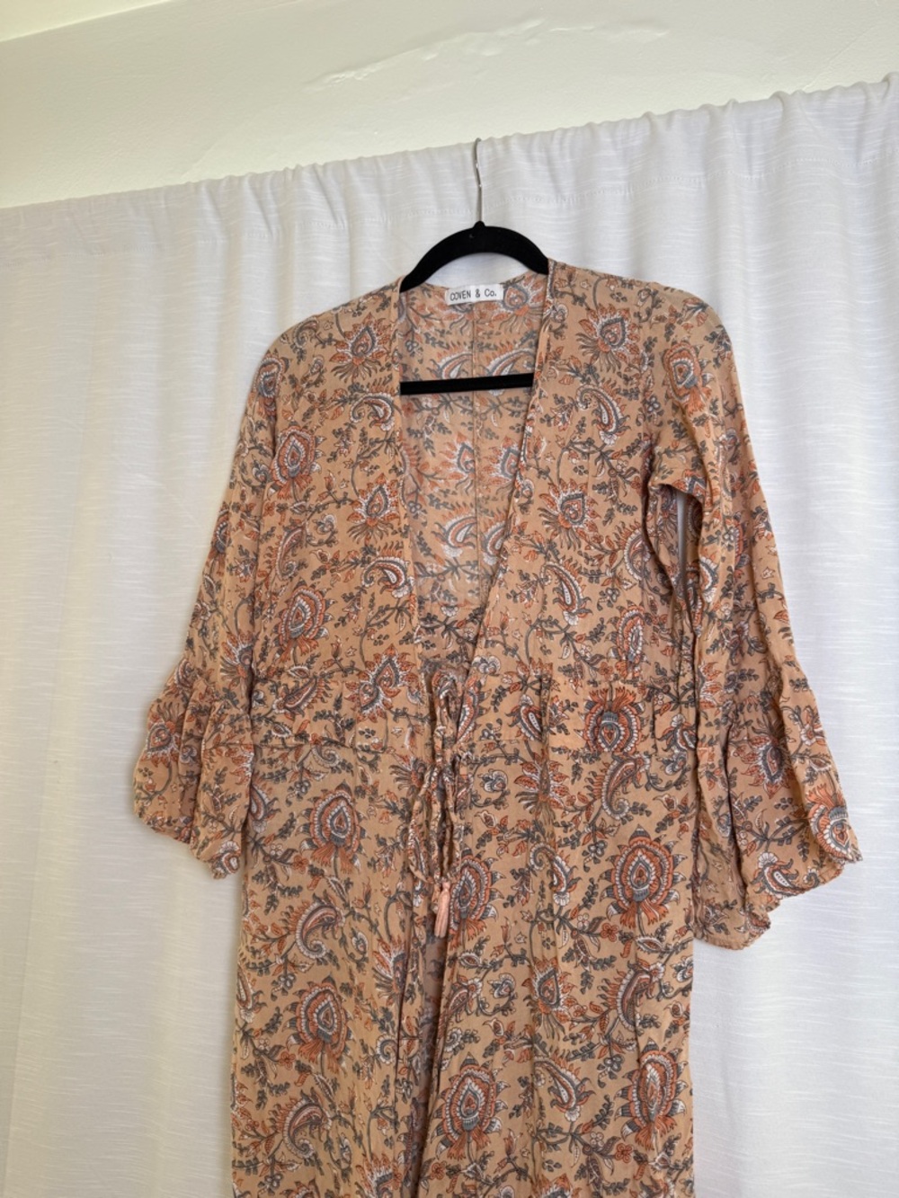 Coven & Co Boho Paisley Maxi Dress Tan Rust Flowy Ruffle Hem Cottagecore Size S - Picture 5 of 16